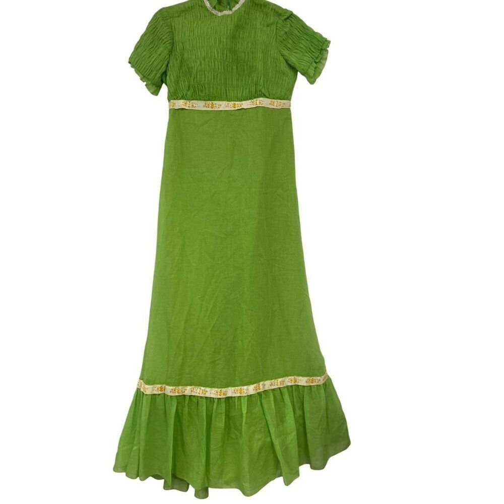 Vintage 1960s Womens MaxiβDress Small Lime Green Smocked A-Line Cottagecore NWT